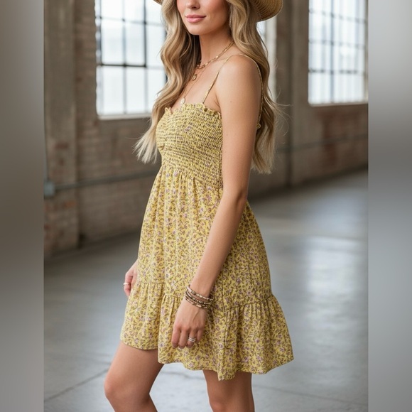 Saints and Heart Ditsy Floral Print Boho Smocked Summer Yellow Mini Dress - Picture 4 of 5